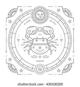 Vintage thin line Cancer zodiac sign label. Retro vector astrological symbol, mystic, sacred geometry element, emblem, logo. Stroke outline illustration. Isolated on white background.