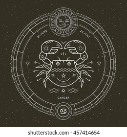Vintage thin line Cancer zodiac sign label. Retro vector astrological symbol, mystic, sacred geometry element, emblem, logo. Stroke outline illustration.