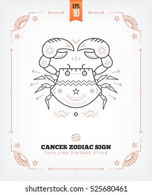 Vintage thin line Cancer zodiac sign label. Retro vector astrological symbol, mystic, sacred geometry element, emblem, logo. Stroke outline illustration. Isolated on white background.