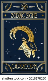 Vintage thin line Capricorn zodiac sign label. Gold retro astrological symbol, mystic, sacred geometry element, emblem, logo. Stroke outline illustration.