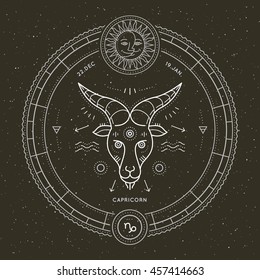 Vintage thin line Capricorn zodiac sign label. Retro vector astrological symbol, mystic, sacred geometry element, emblem, logo. Stroke outline illustration.