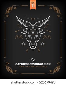 Vintage thin line Capricorn zodiac sign label. Retro vector astrological symbol, mystic, sacred geometry element, emblem, logo. Stroke outline illustration.