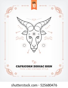 Vintage thin line Capricorn zodiac sign label. Retro vector astrological symbol, mystic, sacred geometry element, emblem, logo. Stroke outline illustration. Isolated on white background.