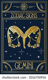 Vintage thin line Gemini zodiac sign label. Retro vector astrological symbol, mystic, sacred geometry element, emblem, logo. Stroke outline gold illustration.