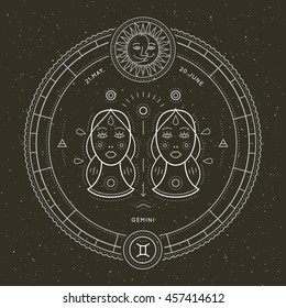 Vintage dünne Linie Gemini zodiac Schild Etikett. Retro Vektorillustration astrologisches Symbol, mystisches, sakrales Geometrie Element, Emblem, Logo. Ziehen Sie die Umrissgrafik.