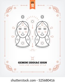 Vintage thin line Gemini zodiac sign label. Retro vector astrological symbol, mystic, sacred geometry element, emblem, logo. Stroke outline illustration. Isolated on white background.