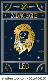 Vintage thin line Leo zodiac sign label. Retro vector astrological symbol, mystic, sacred geometry element, emblem, logo. Stroke outline illustration. Isolated on black background.