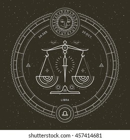 Vintage thin line Libra zodiac sign label. Retro vector astrological symbol, mystic, sacred geometry element, emblem, logo. Stroke outline illustration.