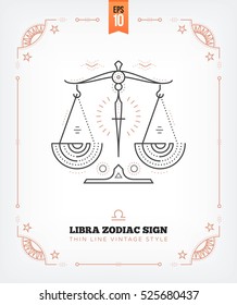 Vintage thin line Libra zodiac sign label. Retro vector astrological symbol, mystic, sacred geometry element, emblem, logo. Stroke outline illustration. Isolated on white background.