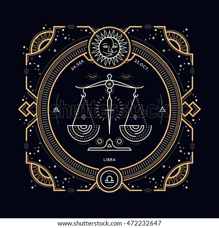 Vintage thin line Libra zodiac sign label. Retro vector astrological symbol, mystic, sacred geometry element, emblem, logo. Stroke outline illustration.