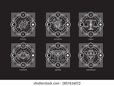 vintage thin line luxury horoscope zodiac astrology vector icon set collection