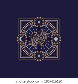 vintage thin line pisces geometric astrology zodiac sign vector icon