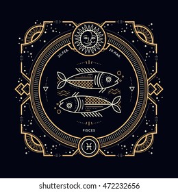 Vintage dünne Linie Pisces zodiac Zeichen. Retro Vektor astrologisches Symbol, mystische, heilige Geometrie Element, Emblem, Logo. Ziehen Sie die Umrissgrafik.