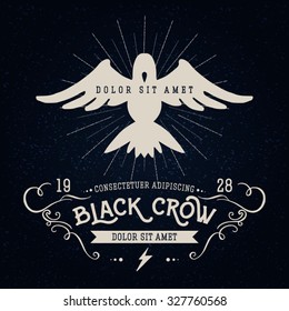 Vintage thin line raven label. Crow symbol. Retro vector design graphic element, badge, emblem, logo, insignia, sign, identity, poster. Stroke hipster illustration with typographic for t-shirt prints.