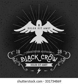 Vintage thin line raven label. Crow symbol. Retro vector design graphic element, badge, emblem, logo, insignia, sign, identity, poster. Stroke hipster illustration with typographic for t-shirt prints.