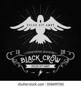 Vintage thin line raven label. Crow symbol. Retro vector design graphic element, badge, emblem, logo, insignia, sign, identity, poster. Stroke hipster illustration with typographic for t-shirt prints.