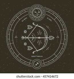 Vintage thin line Sagittarius zodiac sign label. Retro vector astrological symbol, mystic, sacred geometry element, emblem, logo. Stroke outline illustration.