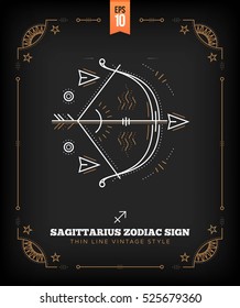 Vintage thin line Sagittarius zodiac sign label. Retro vector astrological symbol, mystic, sacred geometry element, emblem, logo. Stroke outline illustration.