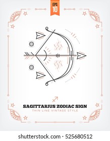 Vintage thin line Sagittarius zodiac sign label. Retro vector astrological symbol, mystic, sacred geometry element, emblem, logo. Stroke outline illustration. Isolated on white background.