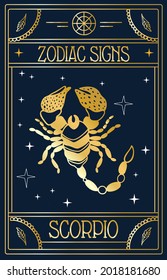 Vintage thin line Scorpio zodiac sign label. Retro astrological symbol, mystic, sacred geometry element, emblem, logo.