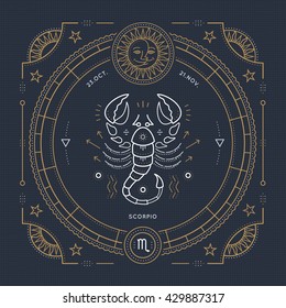 Vintage thin line Scorpio zodiac sign label. Retro vector astrological symbol, mystic, sacred geometry element, emblem, logo. Stroke outline illustration.