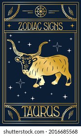 Vintage thin line Taurus zodiac sign label. Retro vector astrological symbol, mystic, sacred geometry element, emblem, logo. Stroke outline gold illustration.