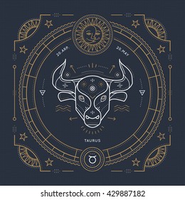 Vintage thin line Taurus zodiac sign label. Retro vector astrological symbol, mystic, sacred geometry element, emblem, logo. Stroke outline illustration.