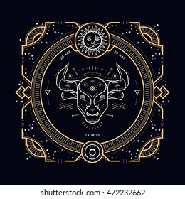 Vintage thin line Taurus zodiac sign label. Retro vector astrological symbol, mystic, sacred geometry element, emblem, logo. Stroke outline illustration.