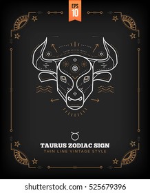 Vintage thin line Taurus zodiac sign label. Retro vector astrological symbol, mystic, sacred geometry element, emblem, logo. Stroke outline illustration.