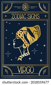 Vintage thin line Virgo zodiac sign label. Retro astrological symbol, mystic, sacred geometry element, emblem, logo.