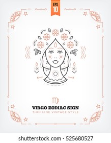 Vintage thin line Virgo zodiac sign label. Retro vector astrological symbol, mystic, sacred geometry element, emblem, logo. Stroke outline illustration. Isolated on white background.