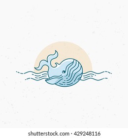 Vintage thin line whale in the ocean. Vector design element on texture background