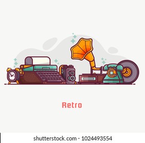 Vintage things and objects. Flea market or antiques shop banner. Old rarity elements for entertainment with lens camera, gramophone, typewriter and telephone. Abstract retro tech concept background.