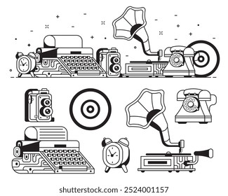 Coisas e objetos antigos. Banner do mercado de pulgas ou antiguidades. Elementos antigos de raridade para entretenimento com câmera de lente, gramofone, máquina de escrever e telefone. Resumo do conceito de tecnologia retrô.