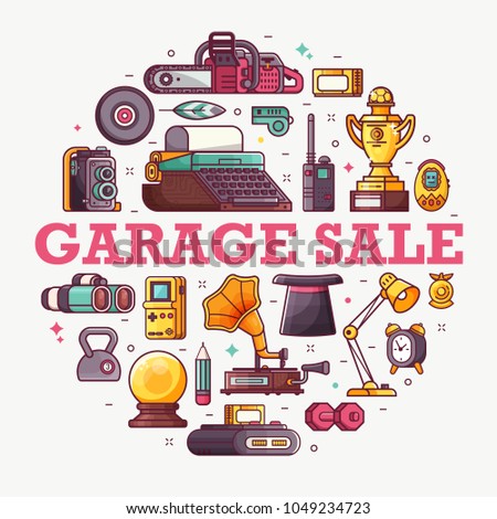 Vintage things and objects. Flea market or antiques shop banner. Old rarity elements for entertainment with lens camera, gramophone, typewriter and telephone. Abstract retro tech concept background.