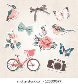 vintage things set-birds,bows,flowers,bike,camera,butterflies on grunge background