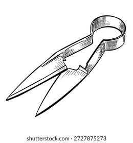 Antiguas Thread Snips Tijeras de costura Dibujado a mano Vector Sketch Ilustración