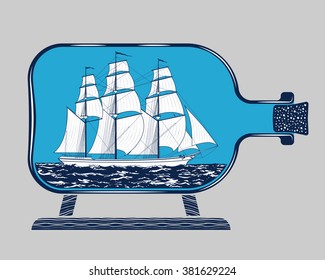 Vintage three-masted sailing schooner ship model in the glass bottle detailed graphic vector illustration. Popular marine theme souvenir and travel adventure concept, symbol, emblem isolated on gray