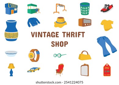 Vintage Thrift Shop Flat Vetor Ilustração Ícone Adesivo Conjunto Design Materiais