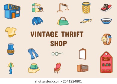 Vintage Thrift Shop Lineal Color Vector Illustration Icon Sticker Set Design Materials