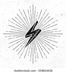 Vintage thunder symbol with sunburst in grunge background