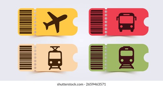 Ticket de Antiguas para el conjunto de iconos de autobús, avión, barco y tren. Billetes de viaje para transporte con código de barras. Ilustración vectorial.