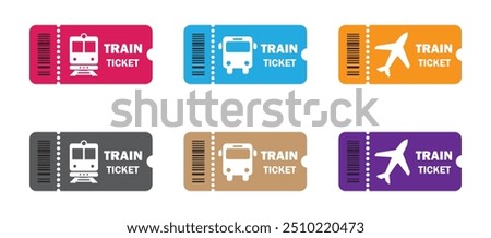 Vintage ticket for bus, plane, ship and train icon set. Travel tickets for transport with barcode. Vector illustration.