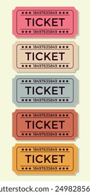 Vintage ticket collection. Set of colorful tickets. Textured tickets set.