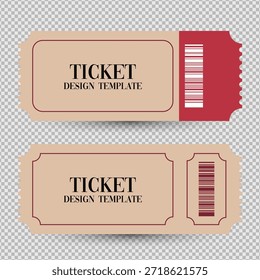 Vintage Ticket Design Template Set with Barcode on Transparent Background, Retro Admission Pass for Concert, Cinema, and Events, Vector Coupon Voucher Illustration with Perforated Edge