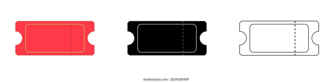 Vintage ticket red, black and linear vector set. Cinema, concert, carnival and travel stubs with retro design. Perfect for event invitations, coupons, festival passes or admission themed illustrations