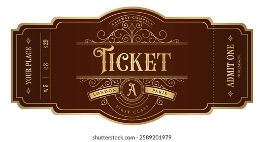 Vintage ticket template in golden colors  on dark brown background. For excursion routes, retro parties and clubs and other projects. Just add your text. Vector, can be used for printing.