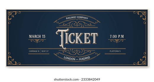 Vintage ticket template on dark blue background with golden ornament.  For excursion routes, retro parties and clubs and other projects. Just add your text. Vector, can be used for printing. 