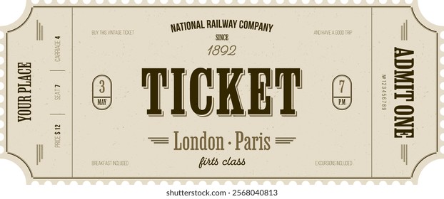 Vintage ticket template on light background with gold accents and grunge texture. For transportation, sightseeing routes, retro parties, clubs and other projects. Just add your text. Vector, printable