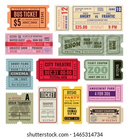 Vintage tickets. Hand ticket of circus, cinema and concert party. Old paper voucher, travelling cruise raffle coupon. Vector color isolated performance templates